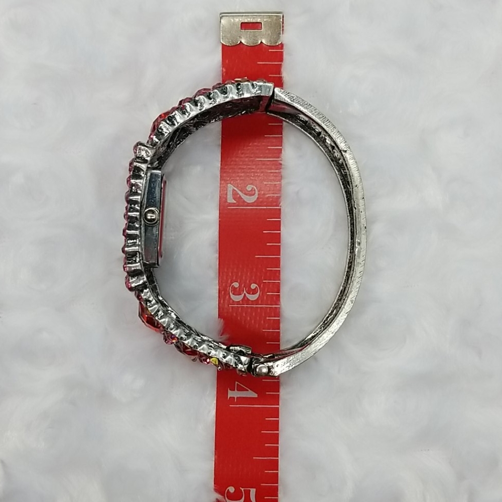 Figaro Couture Red Rhinestone Hinged Bangle Bracelet Watch - Picture 8 of 10